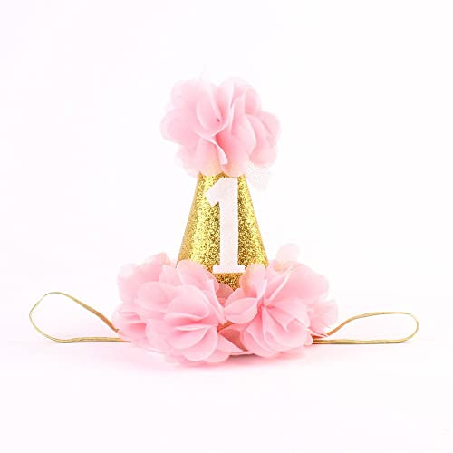 Voarge 1 an anniversaire bébé couronne, bandeau anniversaire bébé fille bandeau chapeau coiffure chapeaux de fête décoration (rose)