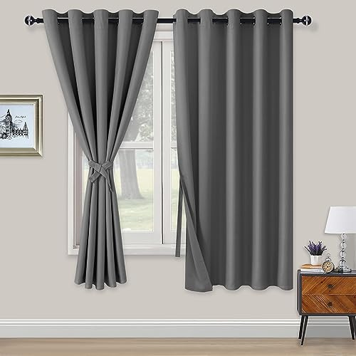 XWZO Blackout Curtains Shades Window Curtain Panels with Tiebacks- Noise Reduction and Thermal Insulated Eyelet Curtains for Bedroom,Living Room,Office,Study Room Grey W66xL72