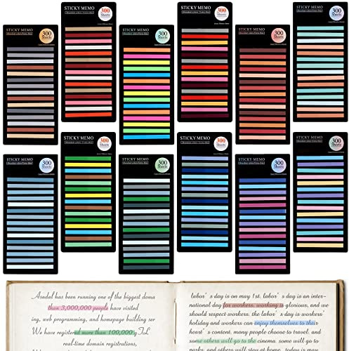 3600 Pcs Marque Page Adhesif, 5*0.4cm Signet Adhésif pour Indexation/Marquage, Marque Page Adhesif Colorée Est Facile à Coller et à Enlever, Onglet Adhésif Plastique pour Bureau/École/Maison (12 Kits)