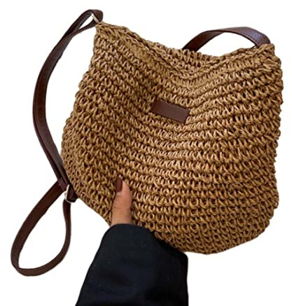 Gcroet Sac de plage en paille, sac en paille d'été mode féminine tressé sac à bandoulière simple épaule sac de plage tout match kaki