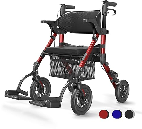 VOCIC 2 in 1 Rollstuhl Rollator Faltbar und Leicht mit Sitz,Outdoor Gummireifen für Allen Gelände,Leichtgewicht Rollatoren mit Netztasche,Aluminium Gehhilfer Transport-Stuhl,Rot (5 Jahre Support)