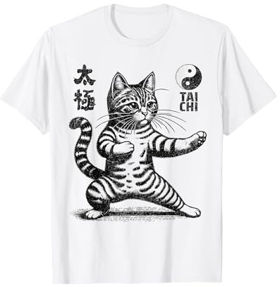 Divertente Gatto in Tai Chi Stance Arti Marziali Yin Yang Equilibrio Maglietta