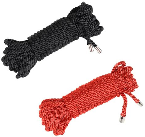 2 Pack Silk RopeSoft Rope Durable Multipurpose Long Satin Braided Twisted Rope 32 Feet/8MM 2 Colors (Black+Red)