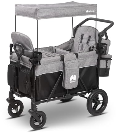 elvent® ComfortPlus 2 Sitzer Bollerwagen - Handwagen faltbar mit Dach I Feststellbremse, PU-Reifen, 5-Punkt-Gurt I für 2 Kinder (grau)