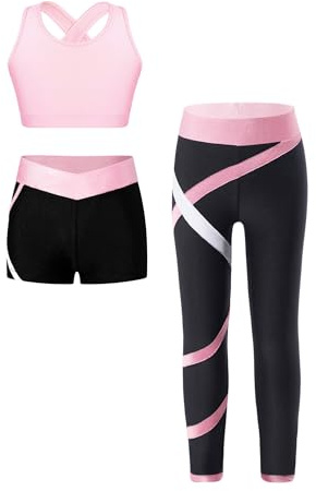 CHICTRY Fille Ados Survêtements 3 Pièces Débardeur Dos Sangle Croisée & Short & Legging Tenue de Sport Gym Jogging 6-16 Ans A Rose 7-8 ans