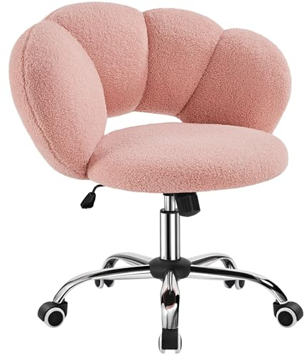 Yaheetech Boucle Upholstered Desk Chair Cloud-shaped Accent Chair Soft | Makeup Vanity Chair with Wheels, Swivel, Home Office Chair with Adjustable Height, for Living Room Bedroom Make up, Pink