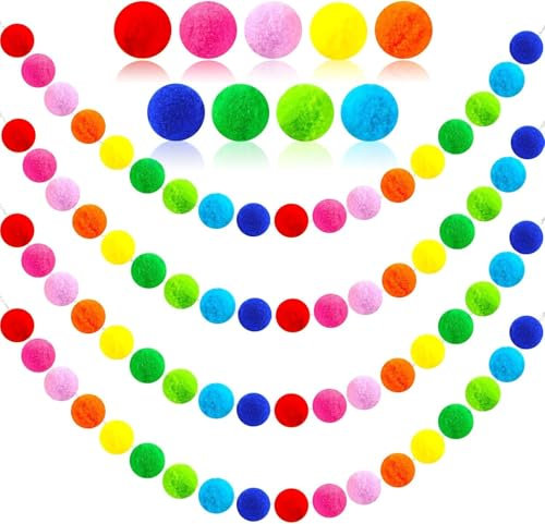 4 Pack 26.3 Feet Colorful Christmas Pom Pom Garland Decorations, 30 Balls Rainbow Felt Ball Garland Christmas Hanging Supplies for Xmas Tree Classroom Birthday Party Wall Decor (Colorful)