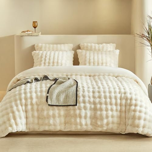 Lekesky Plüsch Bettwäsche 135x200 - Flauschige Bettwäsche aus Flauschig Kaninchenfellimitat - Beige Winterbettwäsche 135x200 mit Reißverschluss und 1 Kissenbezug mit Reißverschluss 80x80cm