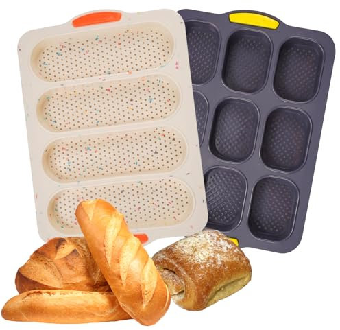 Holzsammlung 2 Pièces Silicone Moulle à Baguette, Moule Perforé Antiadhésif, Plateau à Baguette 4 Grilles, Mini Baguette Plaque à Pâtisserie 9 Grilles, Moule à Pain en Maille Souple Réutilisable
