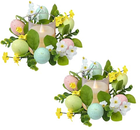 Pack of 2 Candle Garland, Easter Decoration, Mini Wreath with Easter Egg for Taper Candles, Artificial Candle Ring, Candle Wreath Table Decoration, Decorative Easter Candle Holder for Dining Table,