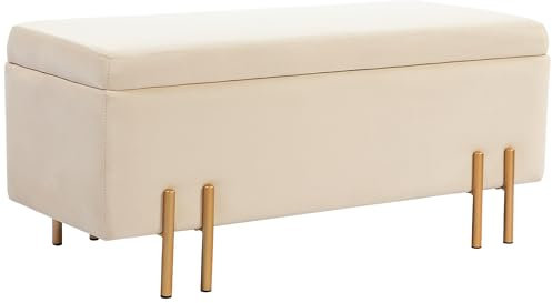 HOMCOM Banc de Rangement Coffre de Rangement Design Contemporain- Banc avec Espace de Stockage - dim. 100L x 40l x 42H cm - Velours Beige piètement métal doré