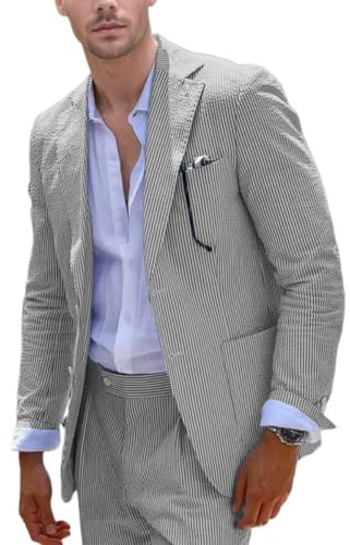 Aowdoy Men's Black Seersucker Suit 2 Piece Slim Fit Summer Blazer & Pants Set for Evening Party Modern Art Venue Black XXL