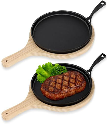 OJMHD 2 Set Cast Iron Skillets, 24 cm Cast Iron Sizzling Plates Serving Pan