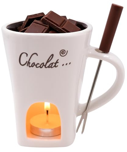 Tazza per Fonduta di Cioccolato 200 ml, Tazza Fonduta in Ceramica, Con Forchetta, Bicchiere per Immergere Frutta e Biscotti a Casa