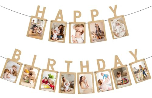 Bannière Photo Anniversaire, Cadre en Kraft Bannière Joyeux Anniversaire Décoration de Fête pour Enfants et Adultes (Kraft Naturel)