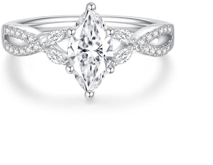JEYHLOPX Moissanite Engagement Ring For Women 1ct Marquise Cut Ring 18K White Gold Plated S925 Sterling Silver Twisted Rope Ring For Her(S8)