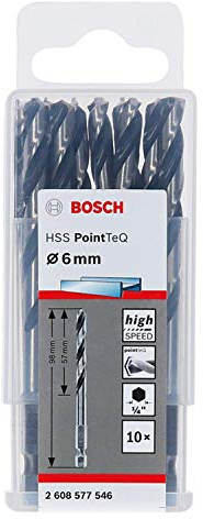Bosch Professional 10 st. PointTeQ borr (för metall, Ø: 6,0 mm, arbetslängd: 57 mm, totallängd: 98 mm, ¼-sexkantsskaft, tillbehör för slagskruvdragare och skruvdragare)