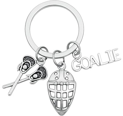 Lacrosse Goalie Keychain, Silver Charm Gift with Stick, Helmet, Goalie Word Pendant, Stainless Steel Accessory for Players, Coaches, Teams, Birthdays, Tournaments, Lax Season Events