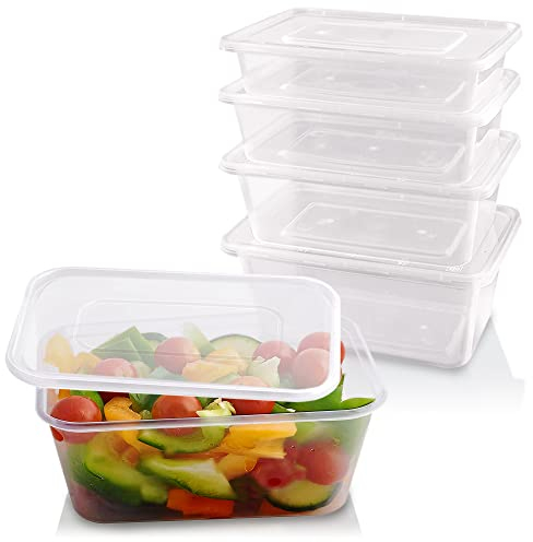 Sabco - Lot de 50 récipients à micro-ondes en plastique transparent de 1000 ml avec couvercles – Boîtes alimentaires idéales pour les plats à emporter et les restaurants – Sans BPA, passent au