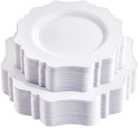 COLOSUS 60PCS White Plastic Plates-Fancy Plastic Beaded Plates,Plastic Premium Hard Plastic Plates for Party, Elegant White plates,Include10.5 Dinner plates & 8.25 Dessert plates for Mother's Day