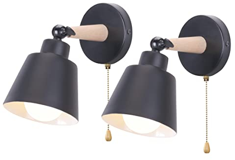 iDEGU Lot de 2 Appliques Murales Rétro Vintage E27 Luminaire Plafonnier Industriel en Bois et Métal Réglable Lampe Murale Interieur avec Interrupteur Applique Moderne pour Chambre Entrée Salon (Noir)