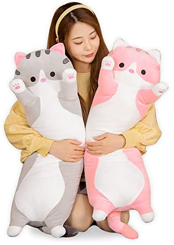 Bobomon Long Chat Peluche Oreiller Kawaii de Chat en Peluche Coussin Doux Mignon Poupée Jouet de Chaton Cadeau pour Enfants (Rose, 70cm)