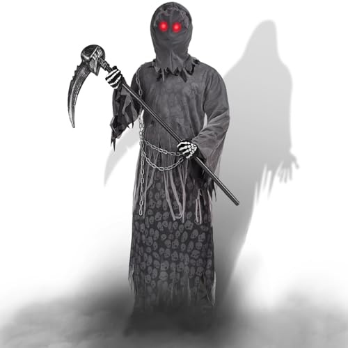 Ulikey Disfraz de la Parca Adulto, Traje de Grim Reape, Disfraz de Halloween para Adulto con Guantes, Guadaña Disfraces Fantasma de Parca Conjunto de Disfraces de Reaper de Halloween Cosplay