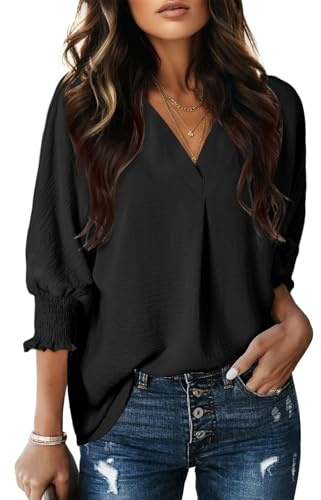 Dokotoo Cute Boho Tops for Women Blouses Dressy Casual 3/4 Sleeve Spring Summer Tops for Women 2026 Business Work Blouses Office Shirts Ladies Elegant Women's Clothing Trendy Outfits Black M