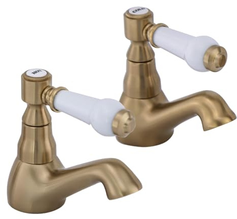 Brushed Gold Basin Taps Pair, HEXMIXER Victorian Bathroom Sink Taps, 1/4 Turn Brass Traditional Basin Pillar Taps G1/2 UK Standard Install Size 154GO