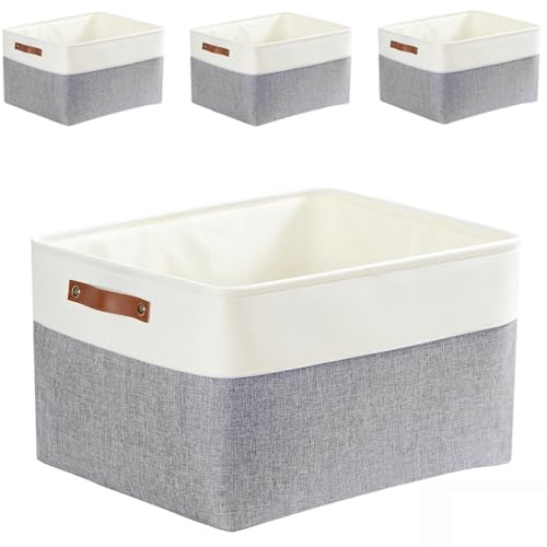 Mangata Fabric Storage Boxes, Thickened Canvas Storage Baskets with Handle for Shelves, Clothes Toys(L, Grey/White, without Drawstring,4 Pcs)