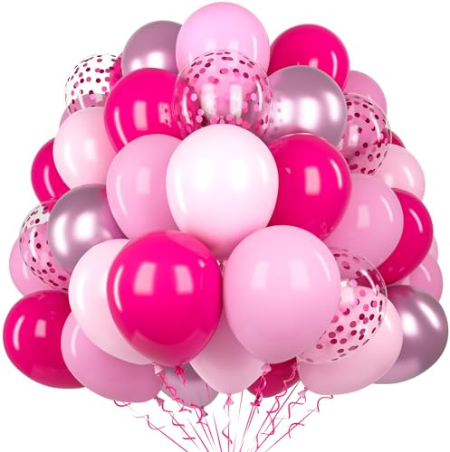 60 pezzi palloncini rosa fucsia, 12 pollici opaco rosa pastello lattice palla con 2 nastri e palloncini coriandoli per principesse ragazze donne compleanno baby shower matrimonio fidanzamento