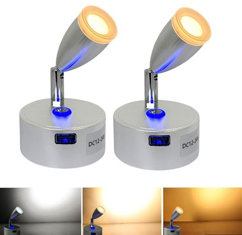 Intckwan 12V Led Lámparas Caravana, 12V Lectura Lámpara Cama, 3 Temperaturas de Color, 3w, Interruptor Táctil Dimmer, 12V Led Foco, Luces Led para Coche Camión Caravana Camping Barco(2 Piezas)