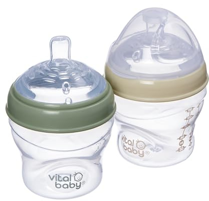 Vital Baby Breast-Like Baby Feeding Bottles 0m+, 150ml, Self-Sterilising in 3 Mins, Triple Anti-Colic Valves, Slow Flow Teats, EarthSmart Biodegradable, BPA-Free, 2 Pack