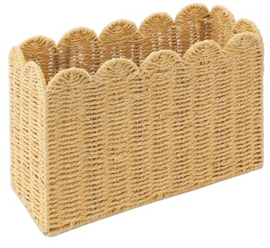 Scalloped Magazine Holder Basket, Paper Rope Wicker Magazine Holder for Floor, Decorative Magazine Basket for Books, Mail & Newspapers, Tall Narrow Storage Basket for Living Room, Office & Bedroom