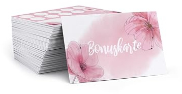 Tarjetas de bonificación en blanco para rellenar, flores rosas, 100 unidades, tarjetas de sello con espacio para nombres de clientes y sellos de empresa, tarjetas con diseños modernos