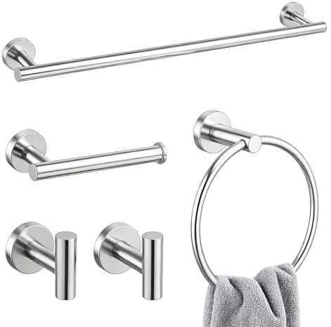 Lightista Toilet Roll Holder and Towel Rail Set, Set of 5 Brushed Nickel Bathroom Accessories Set, Wall Mounted Bathroom Hardware Set Includes Toilet Paper Holder, Towel Ring, Towel Bar and Wall Hook