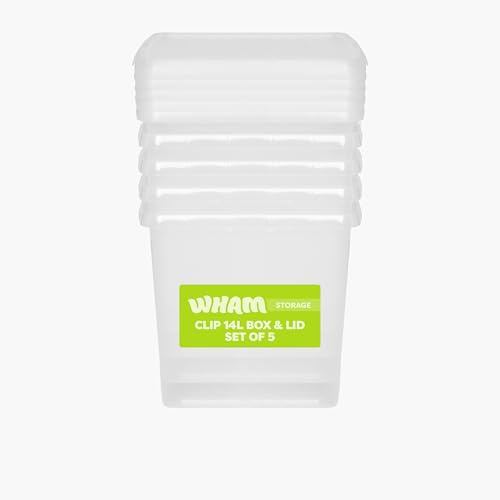 Wham Clip 5 x 14L Square Stackable Plastic Storage Boxes with Lids | Ideal for Home, Office, Toys & More | Storage Containers with Clip Locks | Made in UK - Clear/Clear