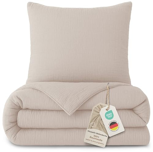 LAYNENBURG Premium Musselin Bettwäsche 135x200 cm + 80x80 cm - Oeko-Tex – 100% Baumwolle – atmungsaktiv & bügelfrei – 3 lagiges Musselin mit Reißverschluss & Haltebändern (beige)