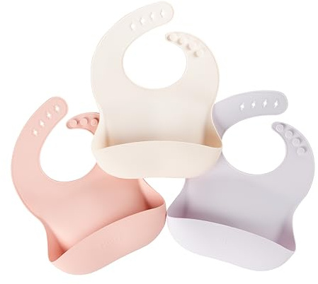 Nuby Pack de 3 Baberos de Silicona para Bebé Niña – Impermeables y Fáciles de Limpiar – Suaves y Flexibles – Correas Ajustables – Bolsillo Recoge-Comida – Baberos para Bebé y Pequeña
