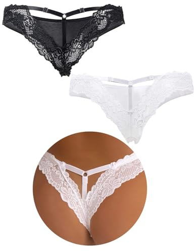 comeondear Perizoma Donna Pizzo Slip Brasiliana Vita Bassa Tanga Taglie Forti Perizomi String Regolabili Intimo Lingerie 2-Nero+Bianco,M