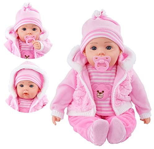 BiBi Doll 20 Baby Girl Doll - Large Lifelike Size, Soft Body, with Dummy & Sounds in Baby Pink Coat, Outfit, Toy for Boys & Girls Aged 18 Months+