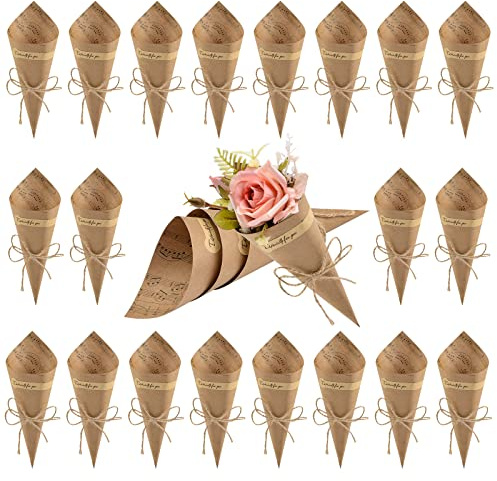 WANDIC Kraft Paper Cones, 50 Pcs Black Wedding Confetti Cones Bouquet Petals Candy Bags Boxes Flower Holder With Hemp Ropes Label Stickers Tape (Light brown)