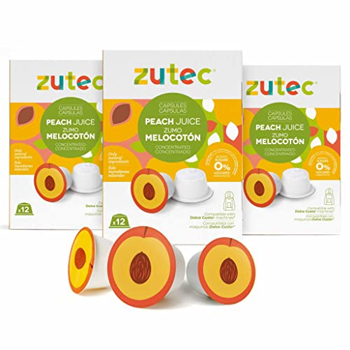 Zutec - Capsules de jus de pêche- Compatible avec les cafetières Dolce Gusto* - 3 caisses de 12 capsules - 36 capsules - Végétalien