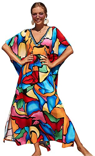 XIVISTO Damen Kaftan Kleider Maxi Lange Boho Lose Strandkleid Strandponcho Sommer V-Ausschnitt Freizeitkleid Bikini Cover Ups