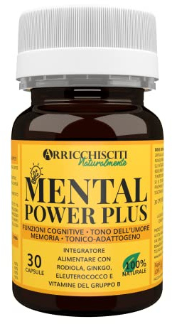 Mental Power Plus, Integratore Energia Mentale con Rodiola, Ginkgo Biloba, Eleuterococco, Vitamine B1, B2, B6, e B12 per Memoria e Concentrazione, Buon Umore, Contro Stress e Stanchezza