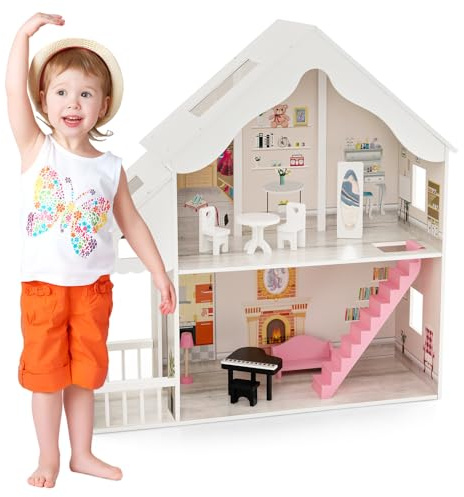 GOPLUS Puppenhaus aus Holz, 2-stöckiges Puppenstube mit 5 Räumen & Möbelset, Veranda und Oberlichtern, Dollhouse Traumhaus für Mädchen & Jungen ab 3 Jahren, 81 x 30 x 86 cm