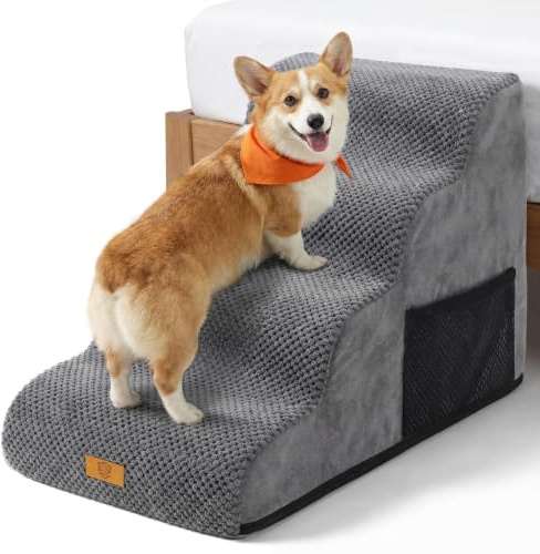 Masthome Escalier Chien Chat 4 Marches, Pente Douce Protège Articulations, Mousse 30D, Double Antidérapant, Housse Lavable Amovible Poche Latérale, Adapté Canapé Lit Chiens Moyens Grands Gris