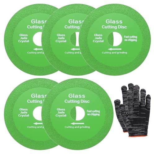 5 Pcs Glass Cutting Disc, Rock Slab Grinding Disc, Ceramic Cutting Blade for Angle Grinder, Diamond Brazed Grinding and Cutting Disc for Rock Slabs, Ceramics, Glass, Marble (With a Pair of Gloves)