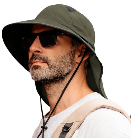 TOP-EX XL/XXL Unisex Sombrero de sol para hombre de ala ancha Sombrero de protección solar con protección para el cuello Soporte para gafas de sol al aire libre Safari Sombrero de verano impermeable y