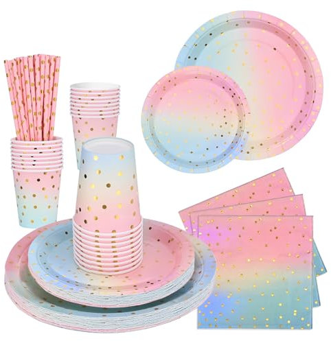 Shodiffy Stoviglie per Feste, Kit Compleanno Accessori Decorativi per 25 ospiti con Piatti Tazze Tovaglioli, Bicchieri, Cannucce (Rosa)